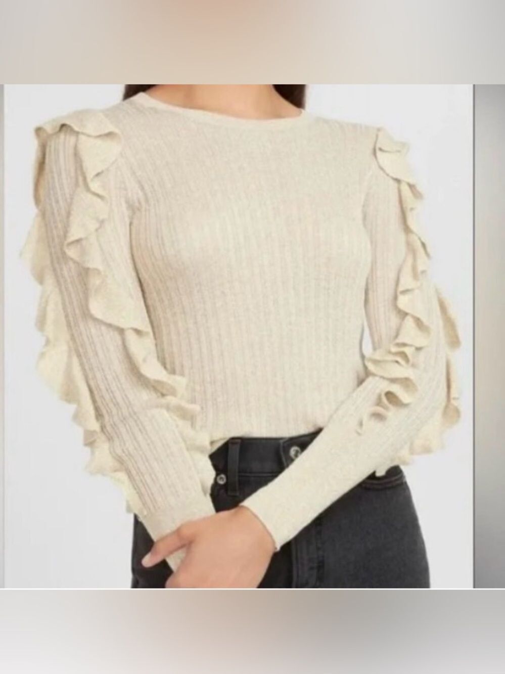 NWT Express Metallic Gold  Ribbed Knit Crew Neck with Ruffle Sleeves Sz Small